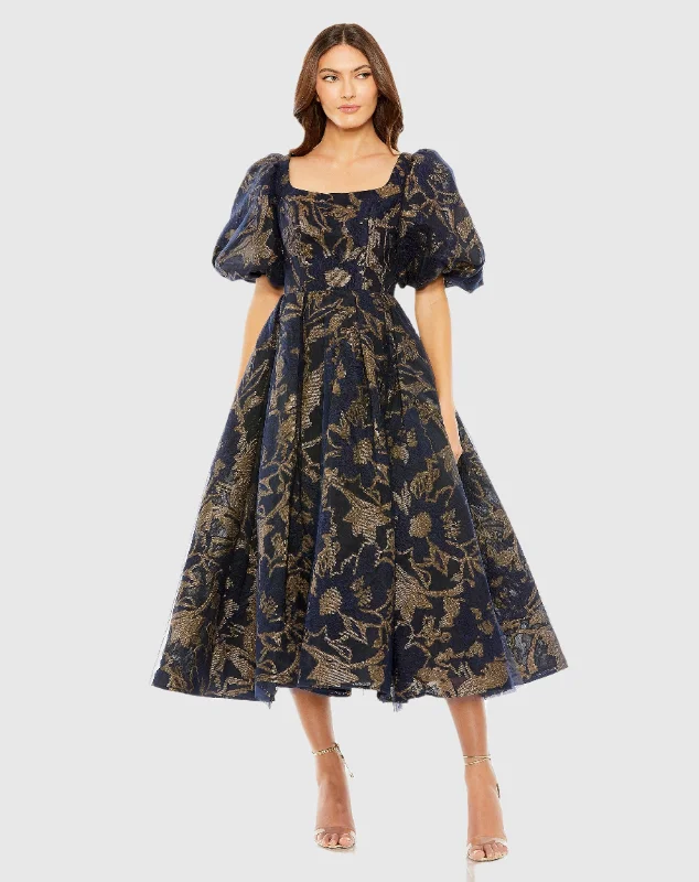 Puff Sleeve Brocade Midi Dress with Pockets Elegant Maxi-Midi Hybrid Dress