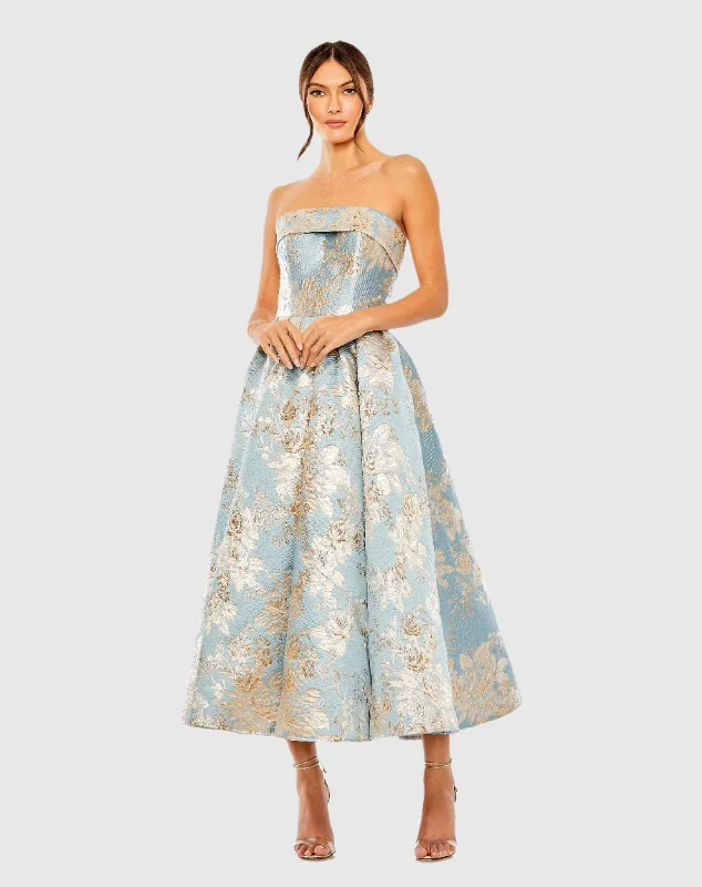 Strapless Brocade Midi Dress with Pockets Trendy Floral Wrap Midi Dress