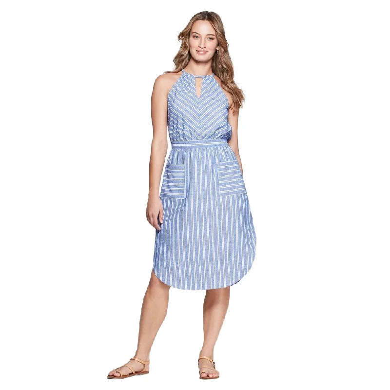 Women's Striped Sleeveless High Neck Midi Dress,Blue Trendy Tiered Hem Midi Dress