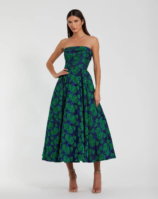 Brocade Strapless A Line Midi Dress Trendy Ruched Side Midi Dress