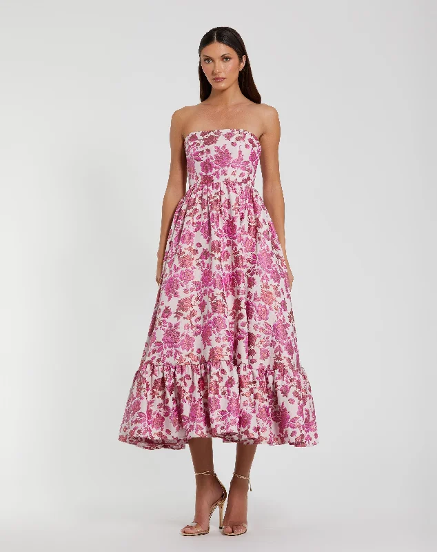 Floral Brocade Strapless A Line Midi Dress Elegant V-Neck Midi Dress