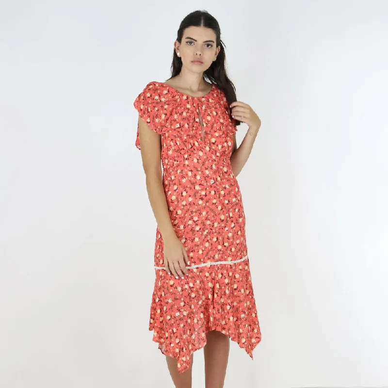 Women's Ruffled Floral Casual Midi Dress,Coral Trendy Flared Sleeve Midi Dress