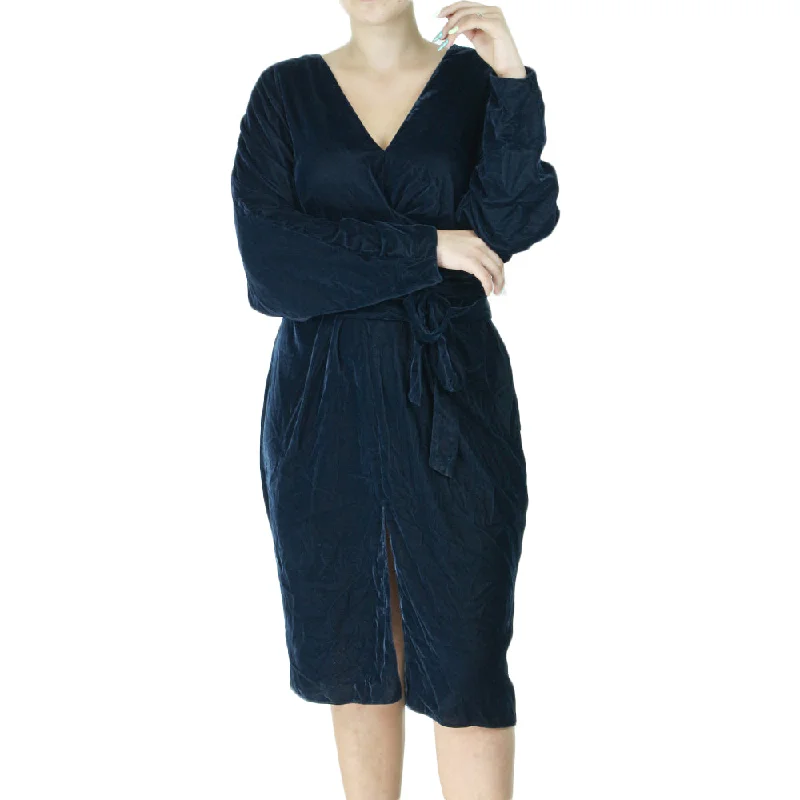 Women's A-Line Velvet Midi Dress,Navy Comfortable Deep V Midi Dress