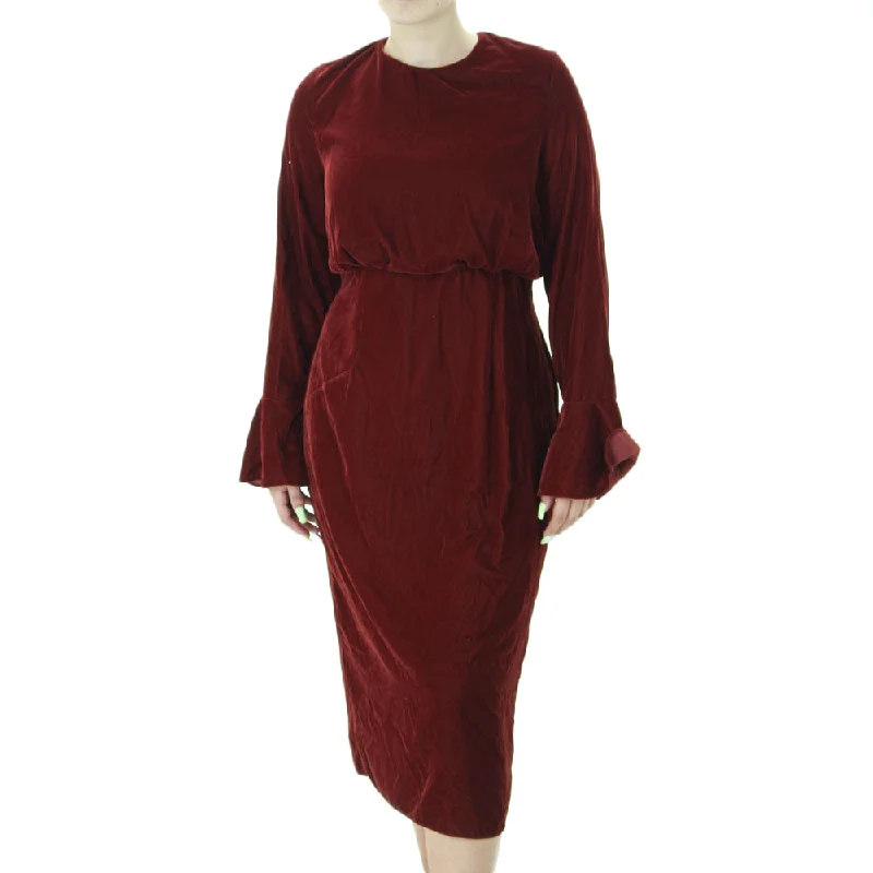 Women's Plain Velvet Midi Dress,Burgundy Elegant Floral Appliqué Midi Dress