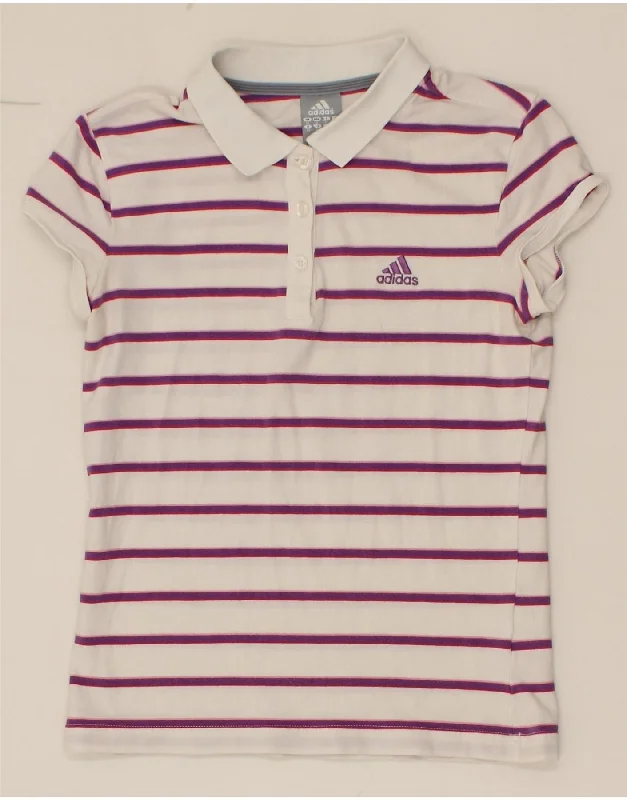 ADIDAS Womens Polo Shirt UK 10 Small White Striped Casual Loose Short Sleeve