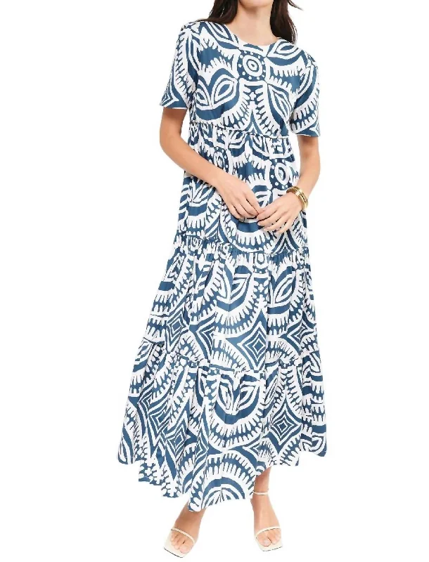 Alfarero Midi Dress In Blue Tribal Motif Classic Black Midi Dress