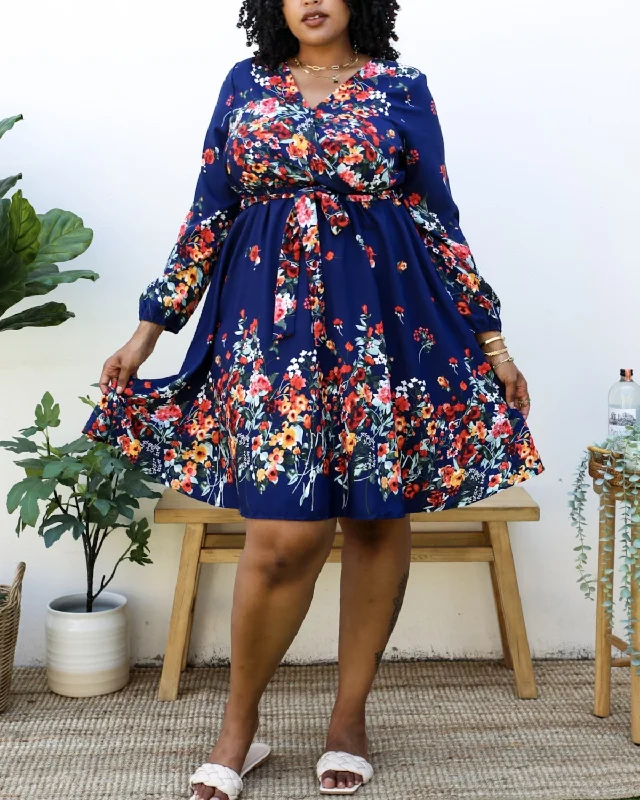 Anna Kaci Plus Size Floral Mix Print Tied Belt Waist Navy Midi Dress - Jn4736 Chic Floral Print Midi Dress