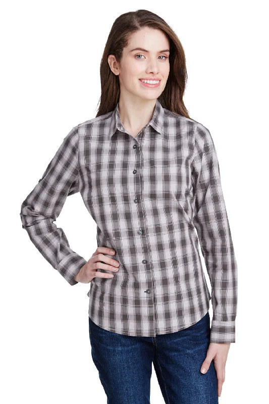 Artisan Collection Womens Mulligan Check Long Sleeve Button Down Shirt - Steel Grey/Black Elegant Off-Shoulder Short Shirt