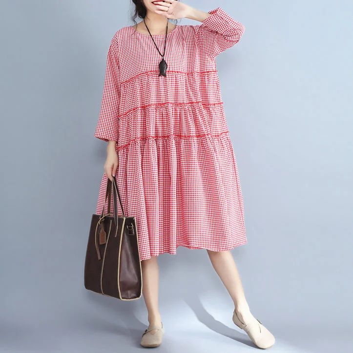 baggy red plaid pure linen dresses plus size casual patchwork o neck midi dress Trendy Long Sleeve Midi Dress