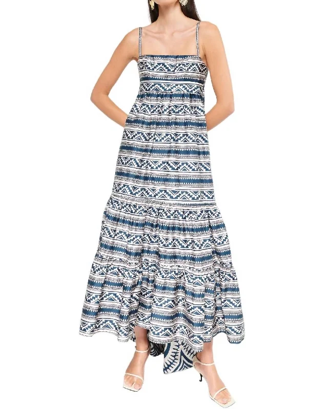 Balsa Midi Dress In Blue Tribal Border Trendy Boho Midi Dress