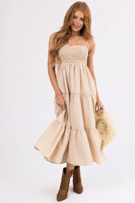 Beige Smocked Tiered Sleeveless Midi Dress Cozy Tie-Dye Midi Dress