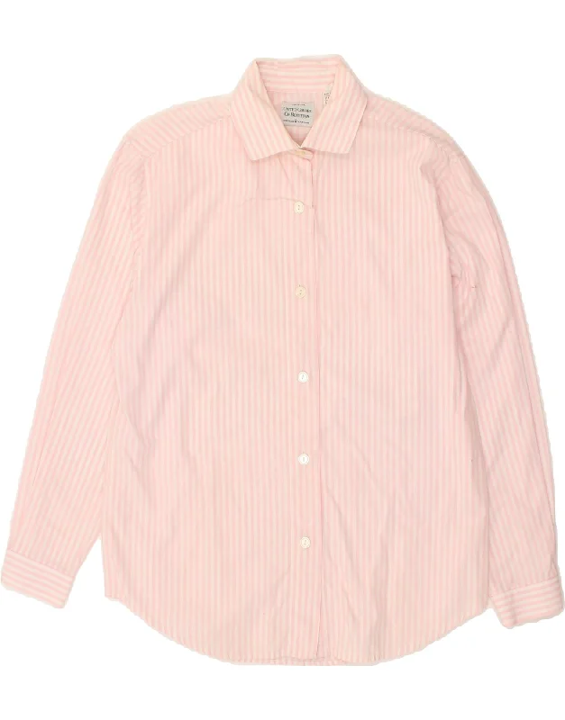 BENETTON Womens Shirt IT 42 Medium Pink Pinstripe Cotton Elegant Draped Short Shirt