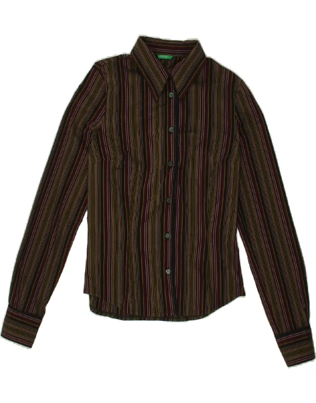 BENETTON Womens Shirt UK 10 Small Brown Striped Modern Short Sleeve Top