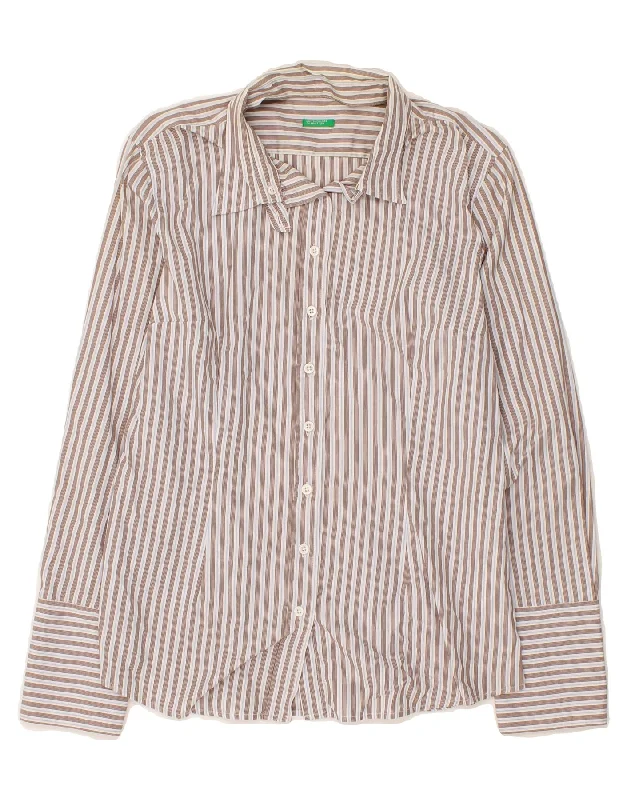 BENETTON Womens Shirt UK 16 Large Brown Striped Chic Button-Up Short Shirt