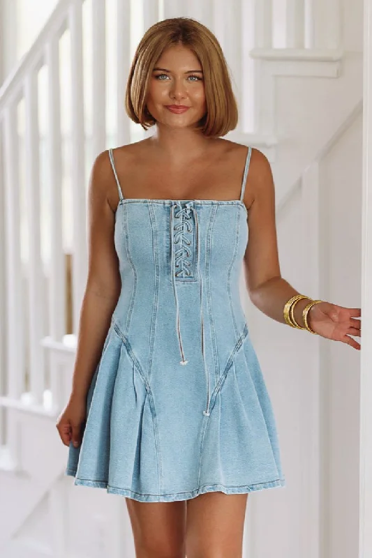 Better Days Denim Mini Dress - Denim Trendy Off-Shoulder Dress Mini