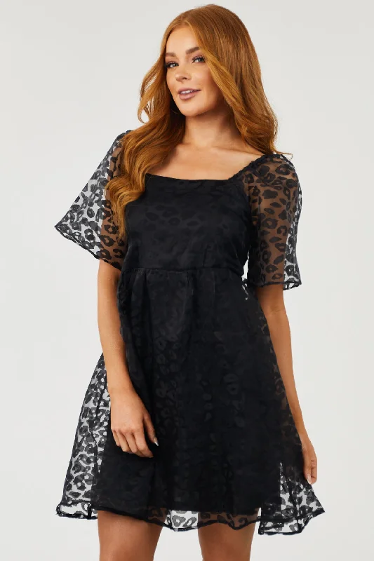 Black Leopard Print Short Sleeve Mini Dress Stylish Button-Down Mini Dress