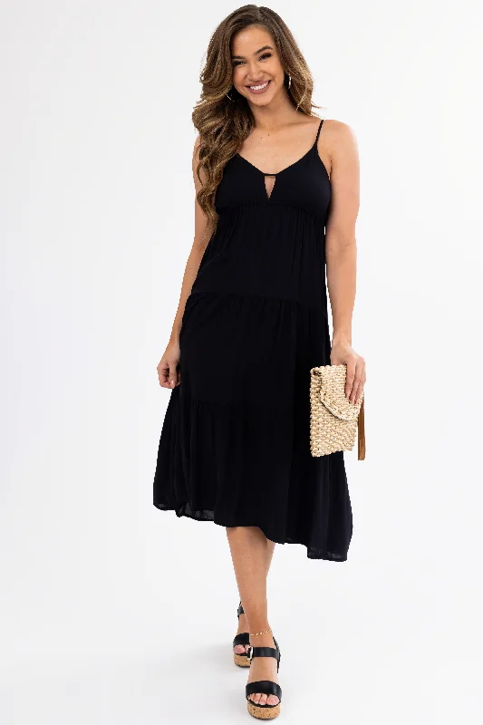 Black Sweetheart Neck Tiered Midi Dress Fashionable High-Neck Midi Dress