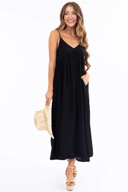 Black Woven Strapless Flowy Midi Dress Stylish Vintage Midi Dress