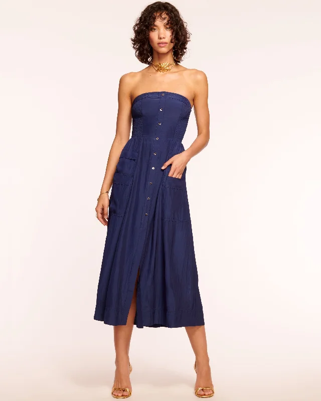 Blair Strapless Smocked Midi Dress Comfortable Denim Midi Dress