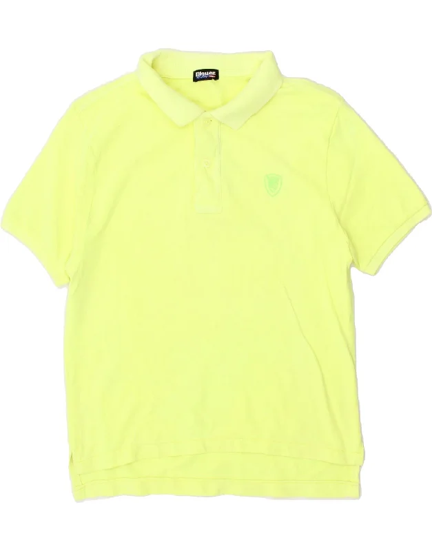 BLAUER Womens Polo Shirt UK 14 Medium Yellow Elegant Draped Short Shirt