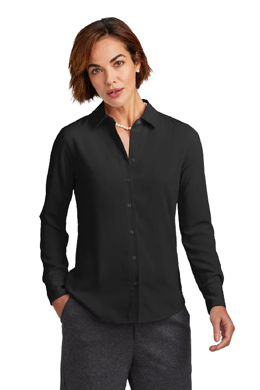 Brooks Brothers Womens Satin Anti Static Long Sleeve Button Down Shirt - Deep Black Trendy Ruffled Short Sleeve