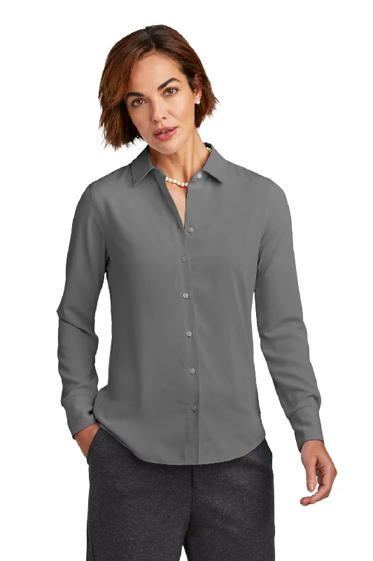 Brooks Brothers Womens Satin Anti Static Long Sleeve Button Down Shirt - Shadow Grey Casual Cotton Short Shirt