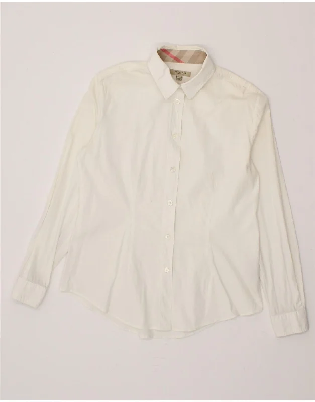 BURBERRY Womens Shirt UK 12 Medium Off White Cotton Comfortable Knit Short Shirt