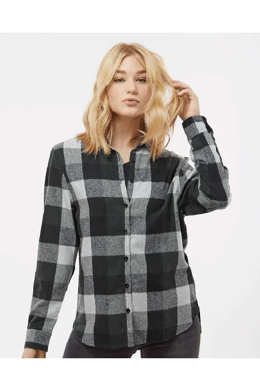 Burnside Womens Boyfriend Flannel Long Sleeve Button Down Shirt - Black/Grey Relaxed Fit Short Blouse