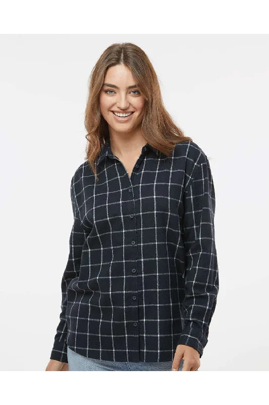 Burnside Womens Boyfriend Flannel Long Sleeve Button Down Shirt - Navy Blue/White Casual Oversized Short Shirt