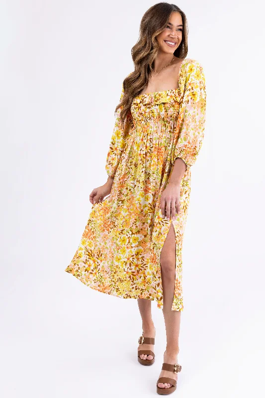 Buttercream Floral Print Smocked Midi Dress Comfortable Knitwear Midi Dress