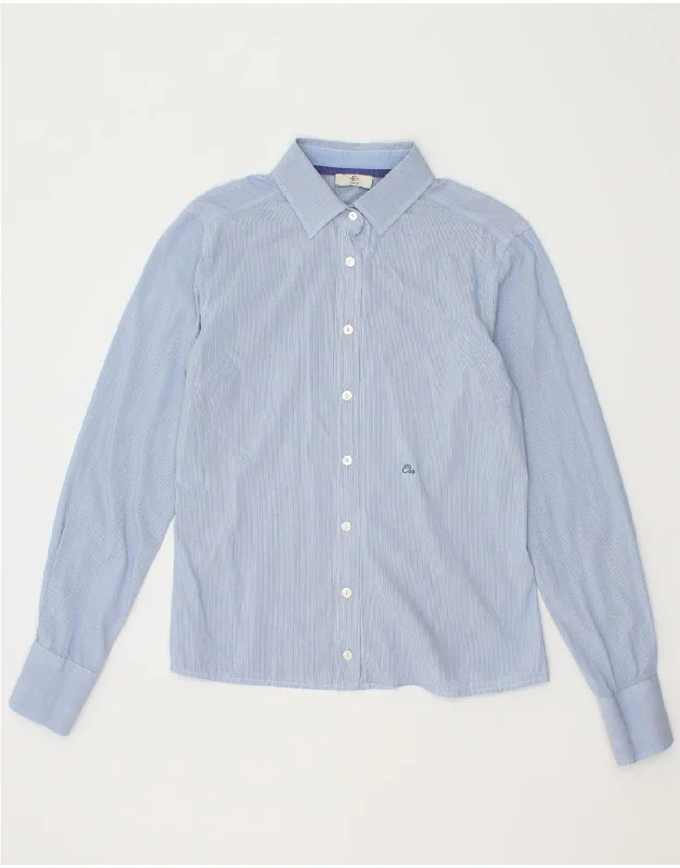 CERRUTI 1881 Womens Shirt UK 10 Small Blue Pinstripe Cozy Linen Short Shirt