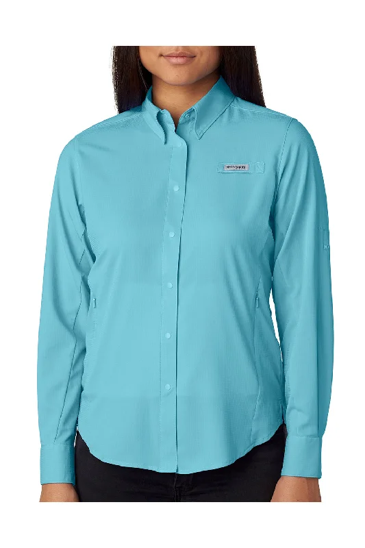 Columbia Womens Tamiami II Moisture Wicking Long Sleeve Button Down Shirt w/ Double Pockets - Clear Blue Fashionable Button-Front Short Sleeve