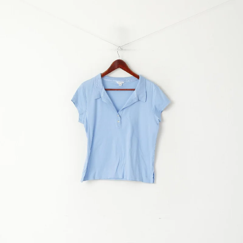 Calvin Klein Women L Polo Shirt Blue Cotton Cropped Short Sleeve Top Casual Slouchy Short Sleeve