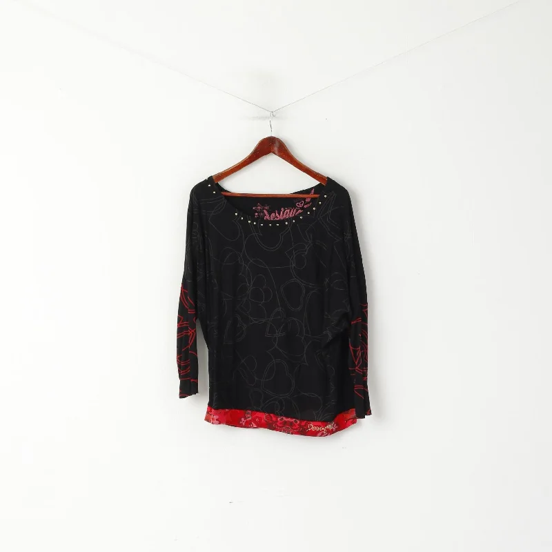 Desigual Women L Shirt Black Soft Oversize Hearts Love Print 2/3 Sleeve Top Casual Slouchy Short Sleeve