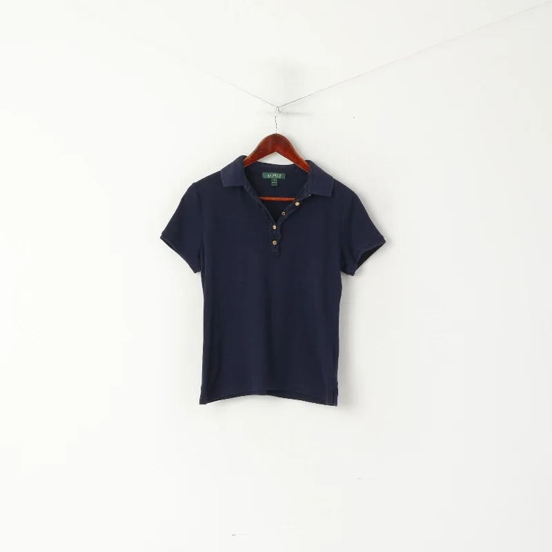 Lauren Ralph Lauren Women M Polo Shirt Navy Cotton Stretch Short Sleeve Plain Top Trendy Button-Front Short Sleeve