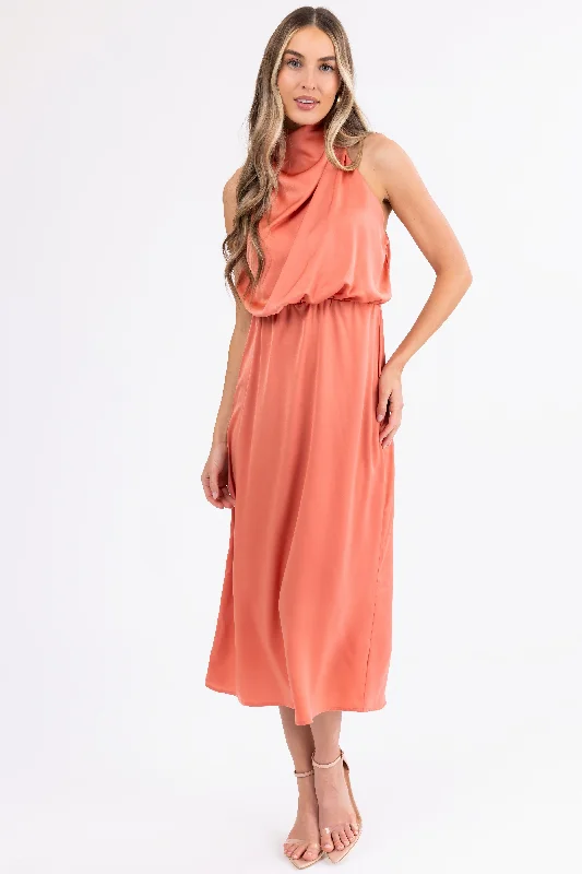 Coral Satin Halter Sleeveless Midi Dress Chic Floral Print Midi Dress