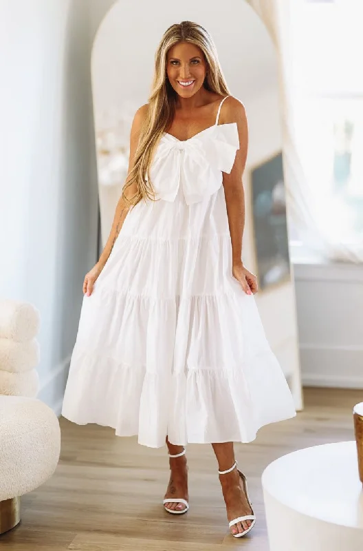 Cutie Bow Midi Dress - White Fashionable Casual Midi Dress