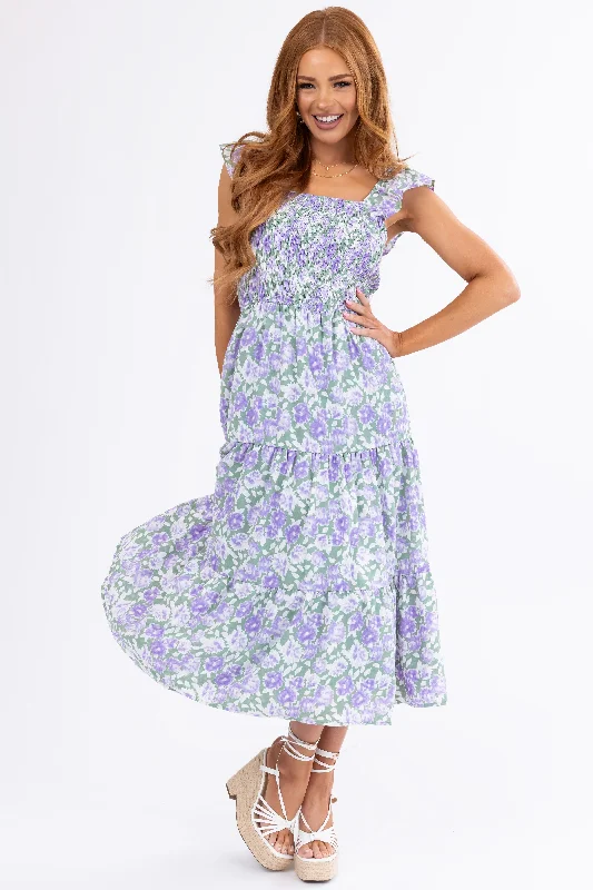 Dark Sage Floral Pattern Smocked Midi Dress Stylish Halter Neck Midi Dress