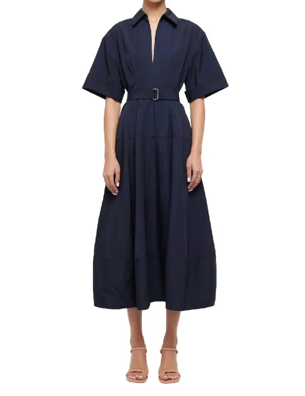 Deanna Belted Midi Dress In Midnight Elegant Maxi-Midi Hybrid Dress