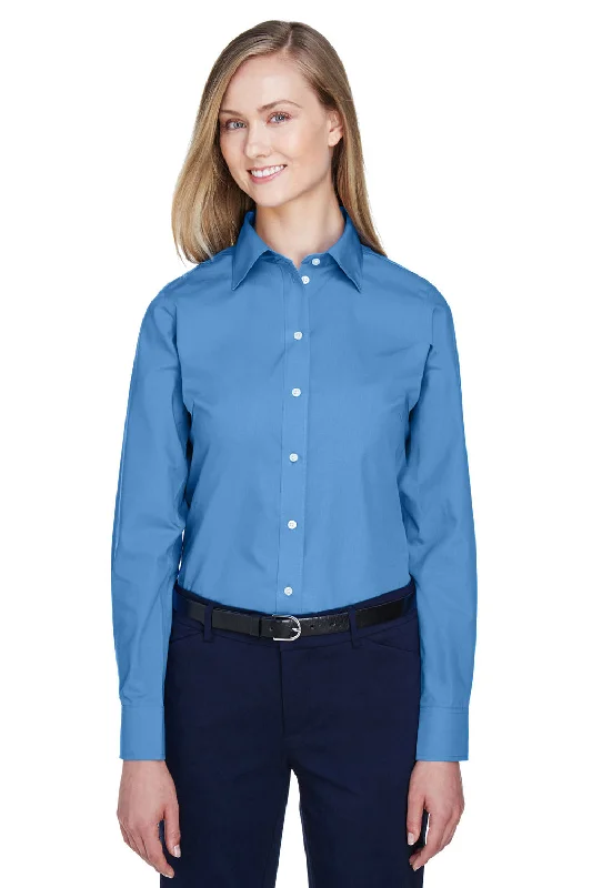 Devon & Jones Womens Crown Woven Collection Wrinkle Resistant Long Sleeve Button Down Shirt - French Blue Classic V-Neck Short Shirt