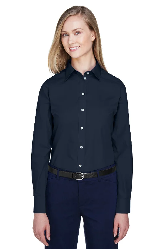 Devon & Jones Womens Crown Woven Collection Wrinkle Resistant Long Sleeve Button Down Shirt - Navy Blue Classic Casual Short Sleeve