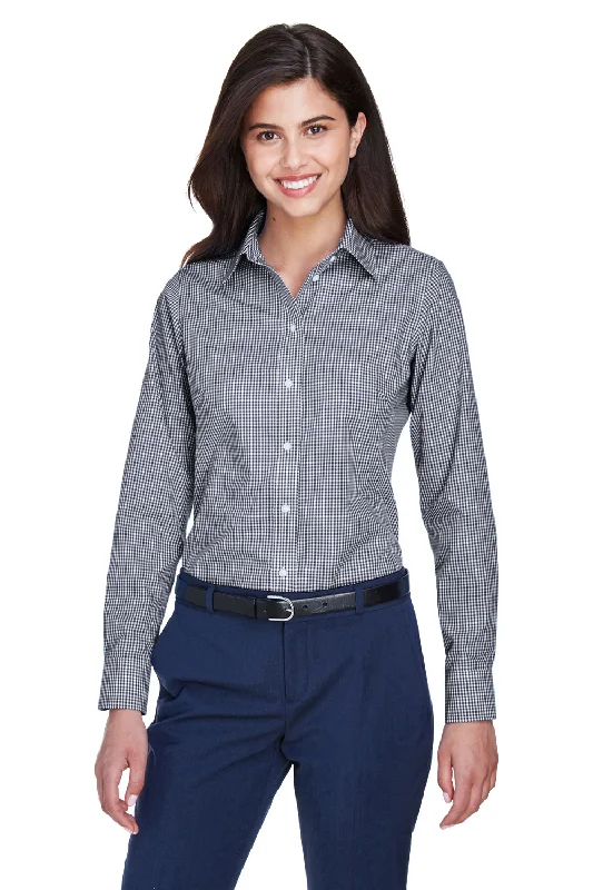 Devon & Jones Womens Crown Woven Collection Wrinkle Resistant Long Sleeve Button Down Shirt - Navy Blue Trendy Short Sleeve Blouse