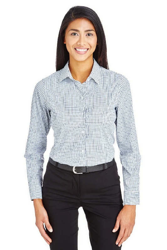 Devon & Jones Womens CrownLux Performance Moisture Wicking Long Sleeve Button Down Shirt - Navy Blue/White Chic Embellished Short Sleeve