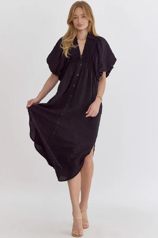 Easy Going Textured Black Midi Dress Stylish Silk Midi Dress