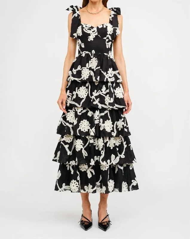 Floral Midi Dress In Black Elegant Satin Button Midi Dress