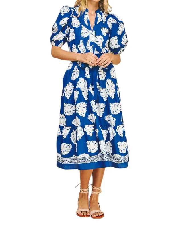 Floral Print Tiered Midi Dress In Blue Elegant Floral Midi Dress