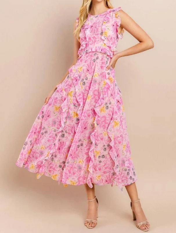 Floral Printed Midi Dress In Pink Cozy Midi Dress with Pockets