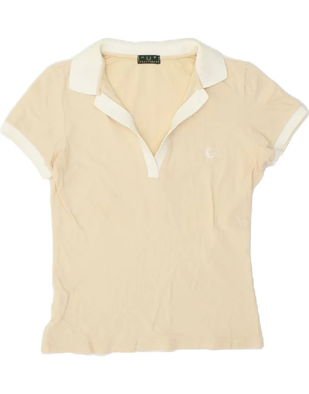 FRED PERRY Womens Polo Shirt UK 12 Medium Beige Cotton Relaxed Fit Short Shirt