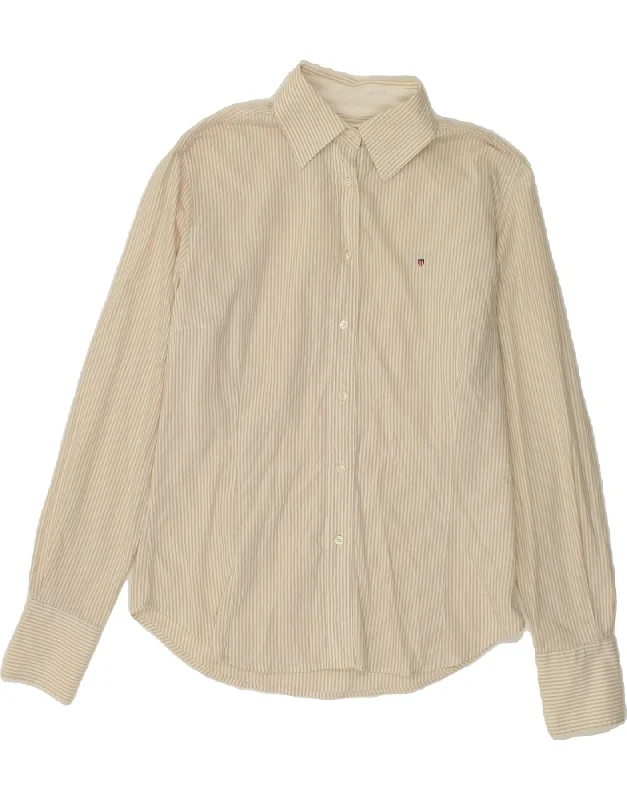 GANT Womens Shirt UK 14 Large Beige Pinstripe Cotton Relaxed Fit Short Blouse