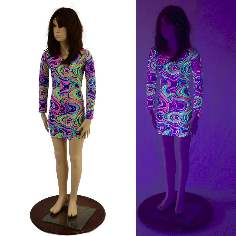 Girls Neon Glow Worm Mini Dress with Long Sleeves Trendy Bodycon Mini Dress